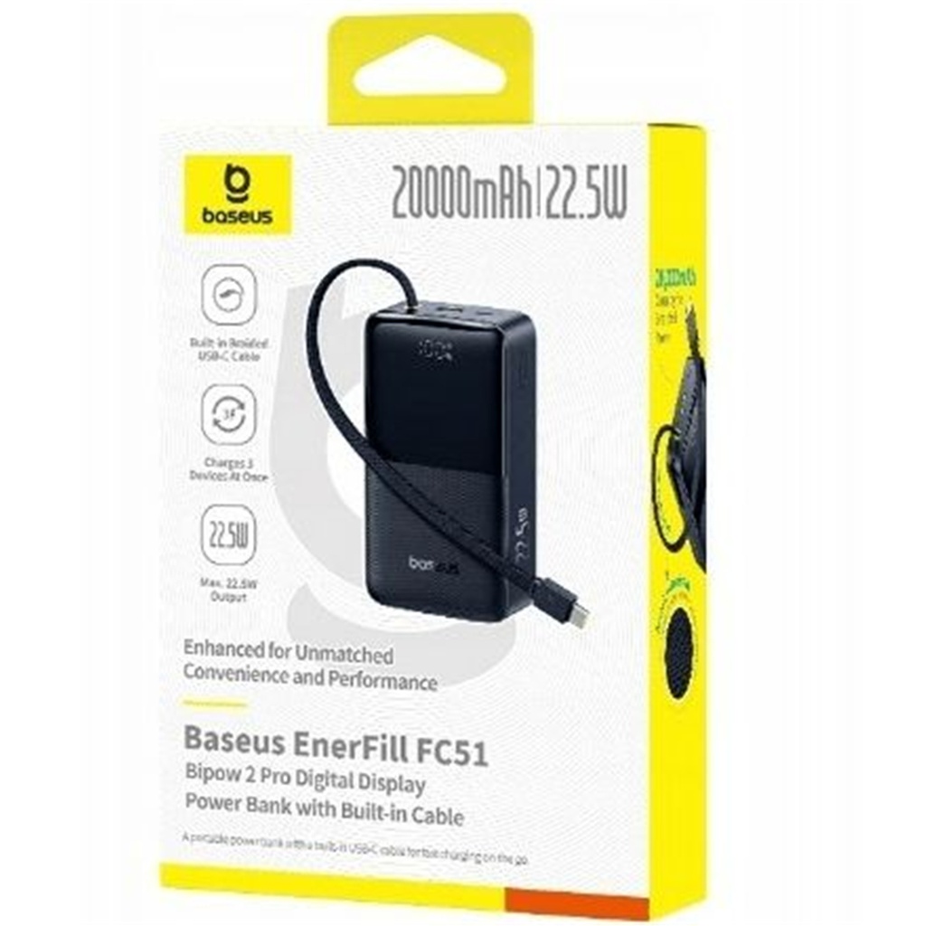 Baseus EnerFill FC51 Bipow2 Pro Digital Display Power Bank with Built-in Cable 20000mAh 22.5W - Cosmic Black
