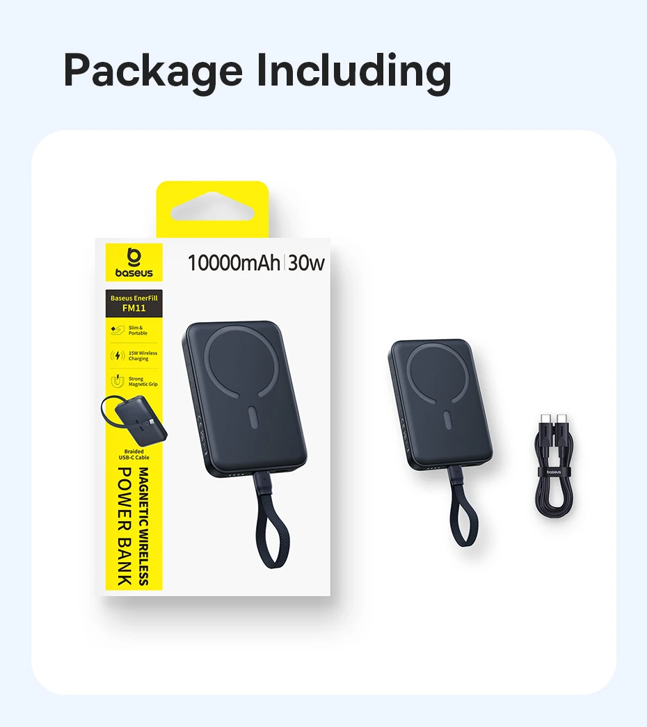 Baseus EnerFill FM11 Magnetic Wirless 15W Power Bank with Built-in USB-C Cable 10000mAh 30W - Cosmic Black