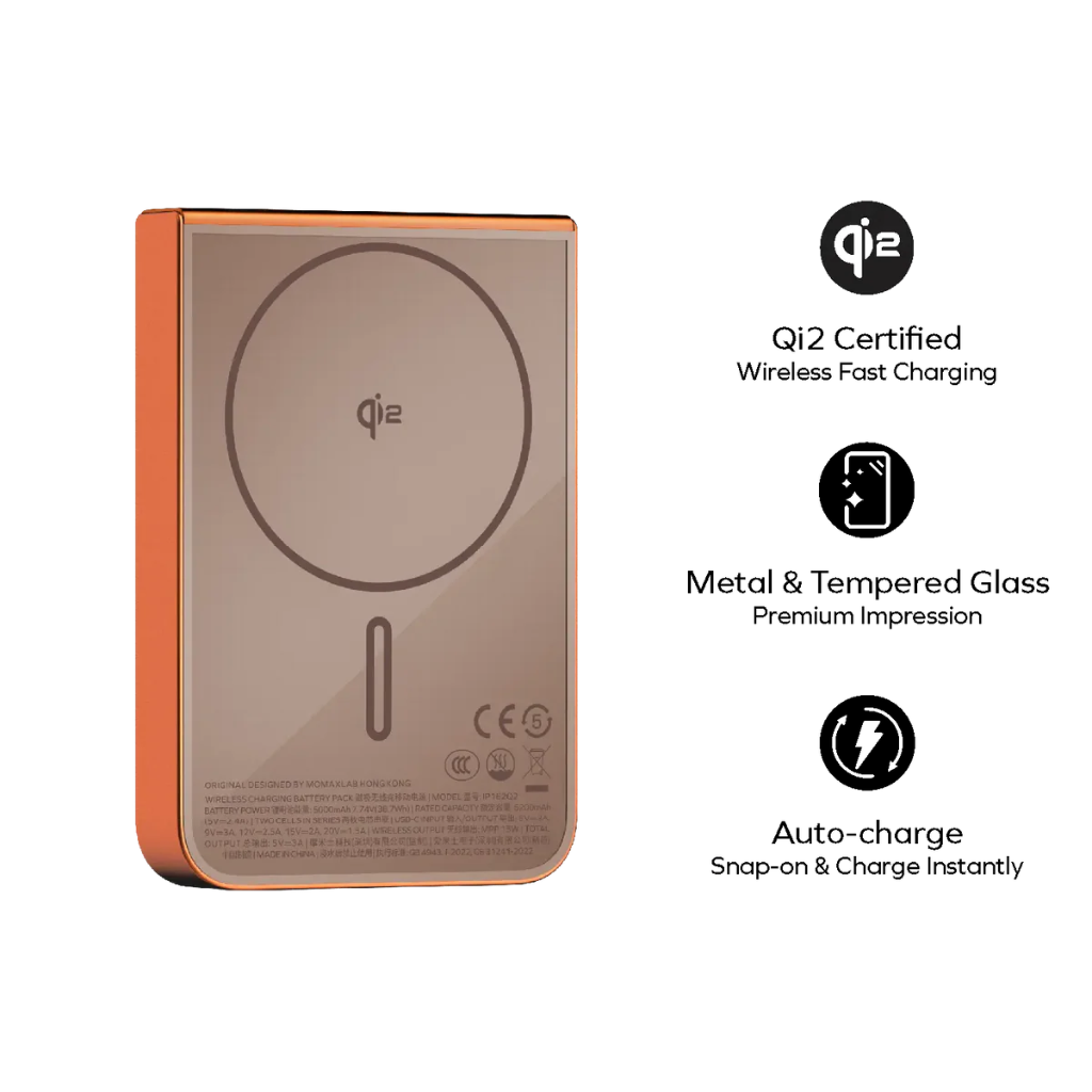 Momax 1-POWER S.PASS 10000mAh Qi2 Magnetic Wireless Battery Pack (Orange)