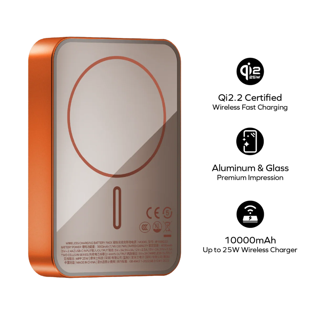 Momax 1-Power Q.Pass2 10000mAh Qi2.2 Magnetic Wireless Battery Pack (Orange)