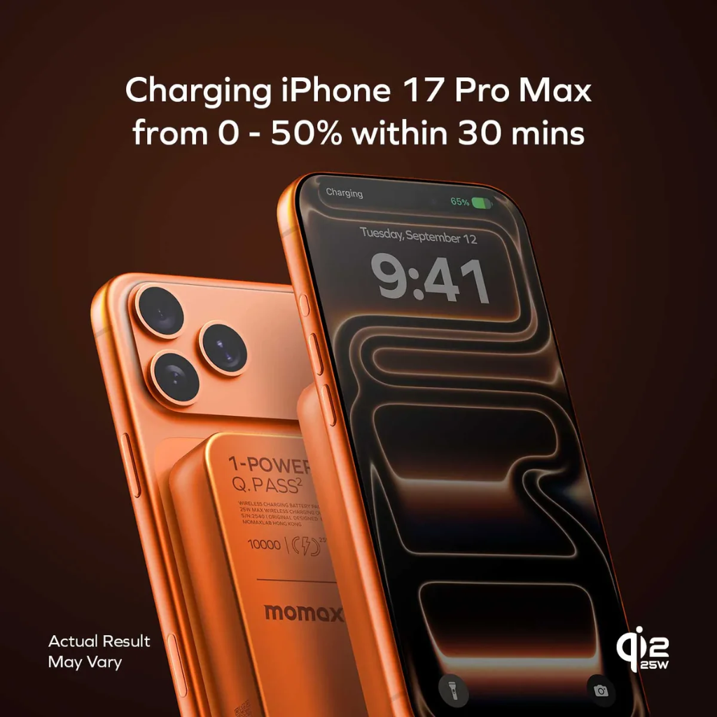 Momax 1-Power Q.Pass2 10000mAh Qi2.2 Magnetic Wireless Battery Pack (Orange)