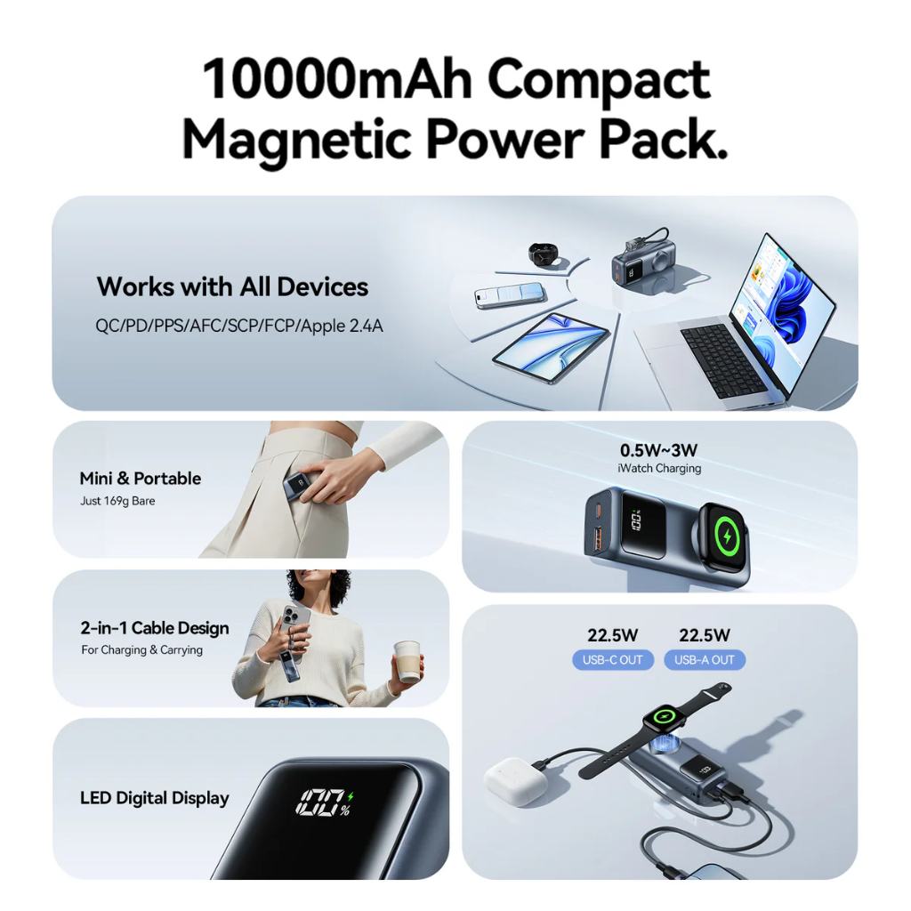 Vention Mini 10000mAh Power Bank (USB-C + USB-A) with Built-in USB-C Cable & Apple Watch Charging 22.5W (White)