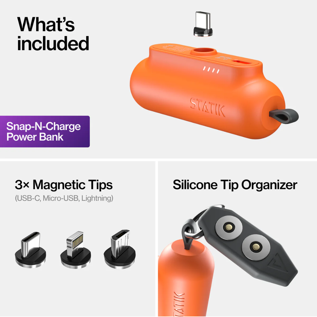 Statik Snap-N-Charge Power Bank Universal USB-C, Lightning & Micro USB Magnetic Tips V3 3200mAh (Orange)