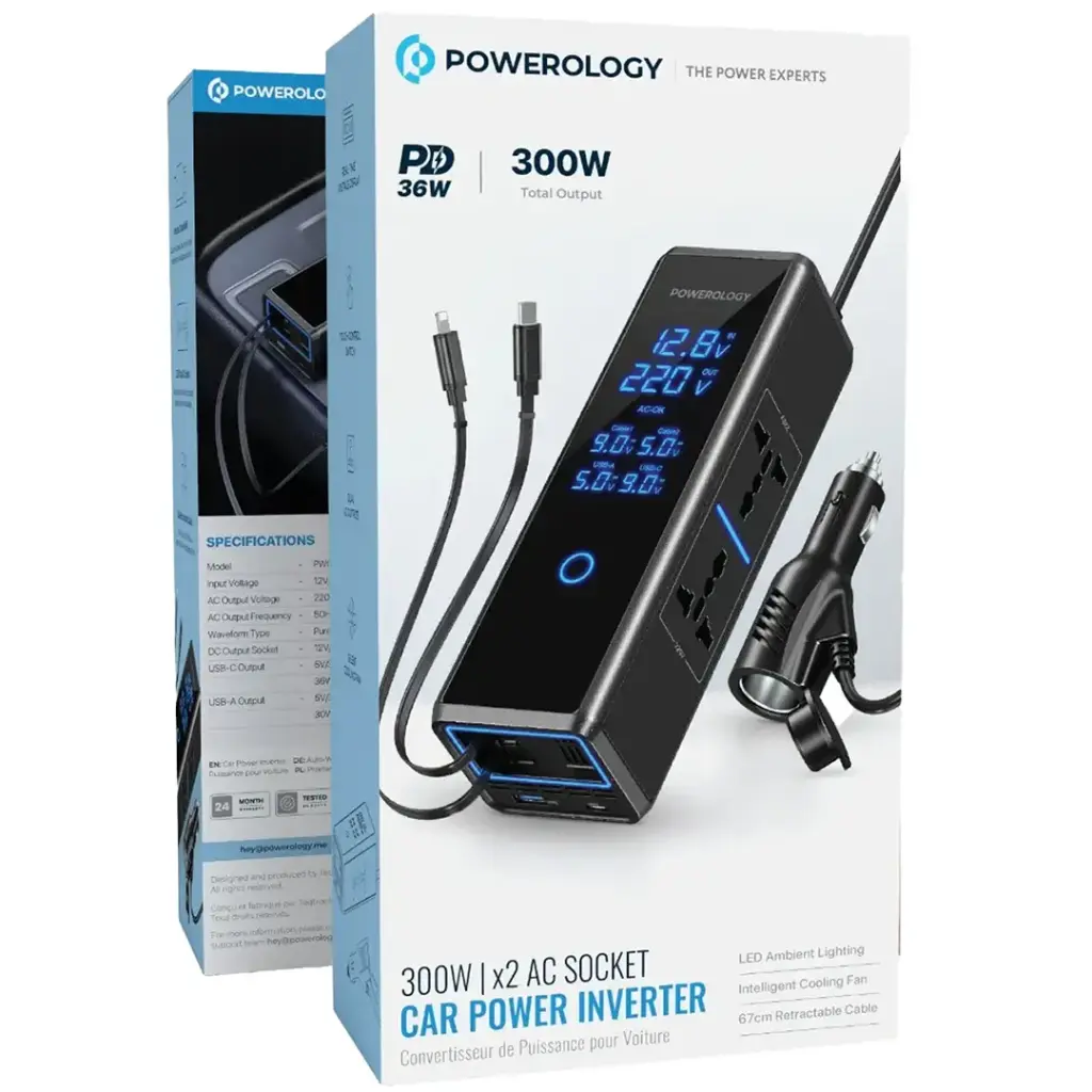 Powerology 300W  | x2 AC Socket Car Power Inverter (Black)