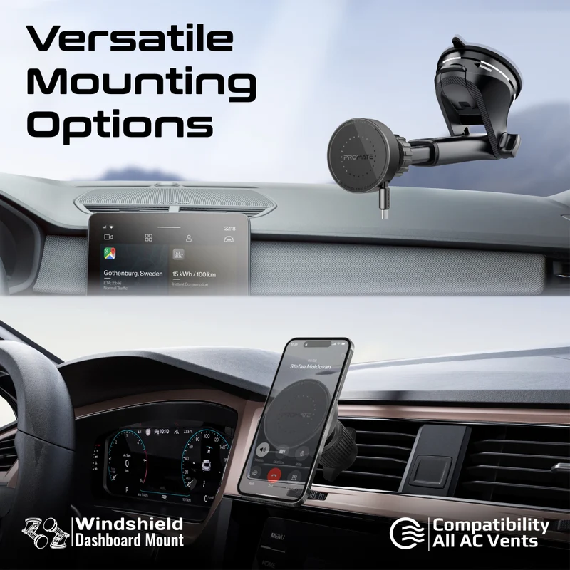 Promate 15W Car Charger MagSafe with Retractable Cable (Black)