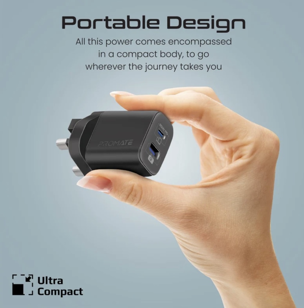 Promate 25W PD Dual Port Adapter USB-C to Lightning Cable (Black)