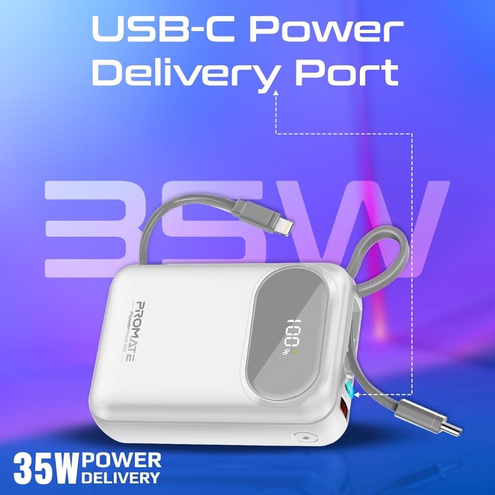 Promate 20W PD Dual USB-C and 22.5W USB-A Ports Power Bank 20000mAh (White) 