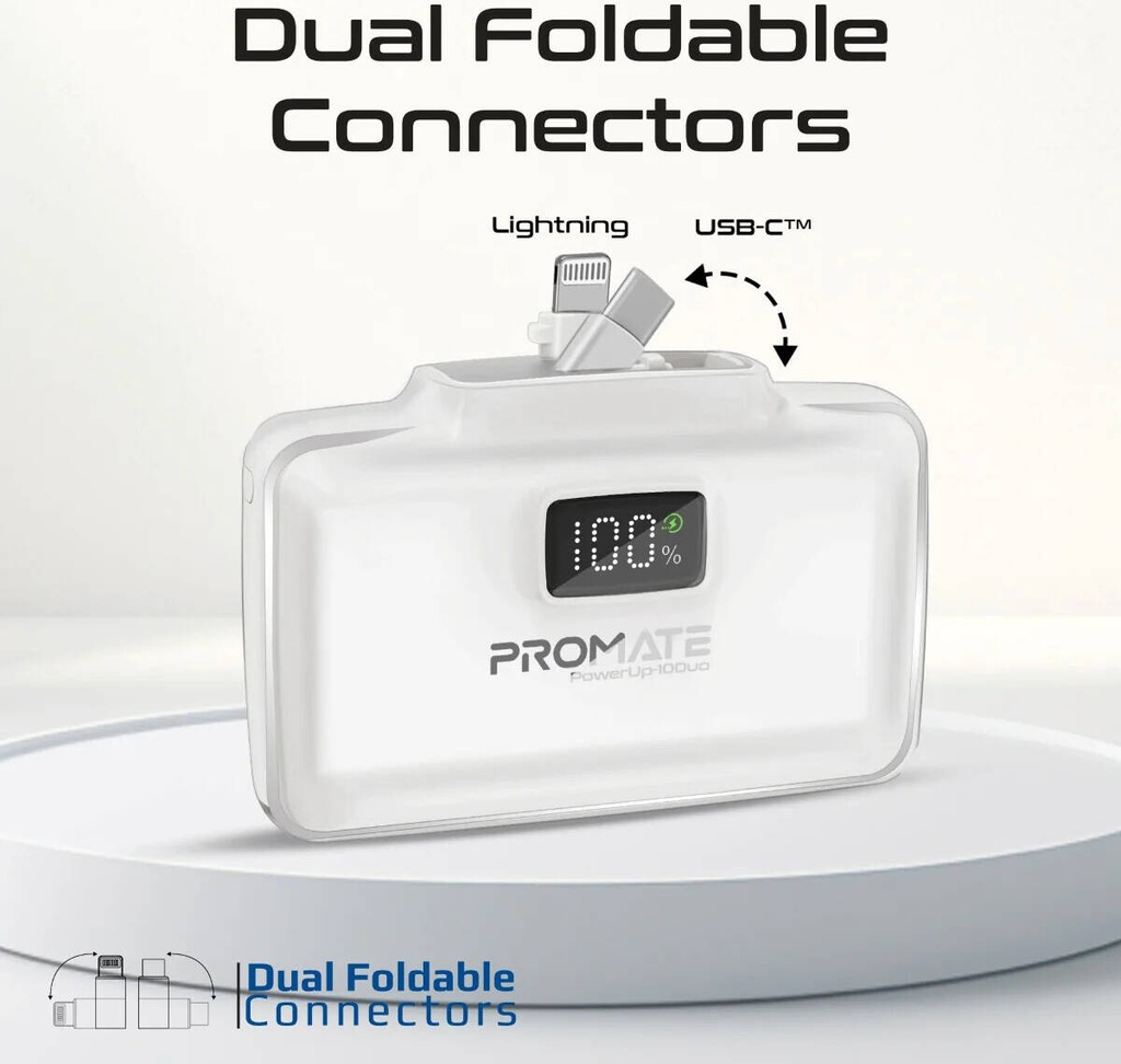 Promate Dual Folding USB-C & Lightning Power Bank 5000mAh (White)