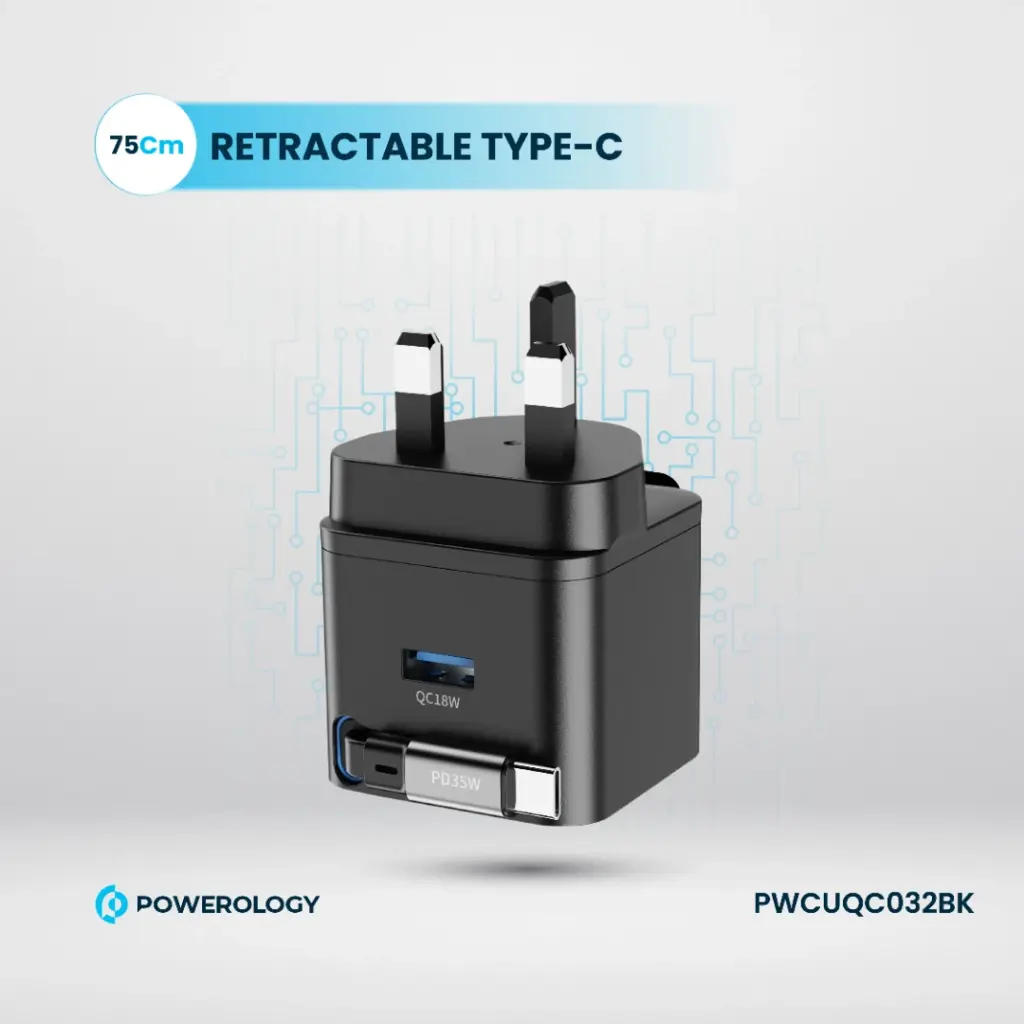 Powerology 35W Dual Port | Retractable GaN Charger (Black)
