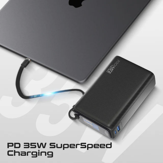 Promate 20000mAh Ultra Compact 35W SuperSpeed™ Power Bank with Built-In USB-C Cable (Black)