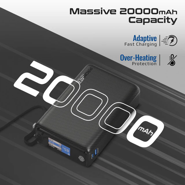 Promate 20000mAh Ultra Compact 35W SuperSpeed™ Power Bank with Built-In USB-C Cable (Black)