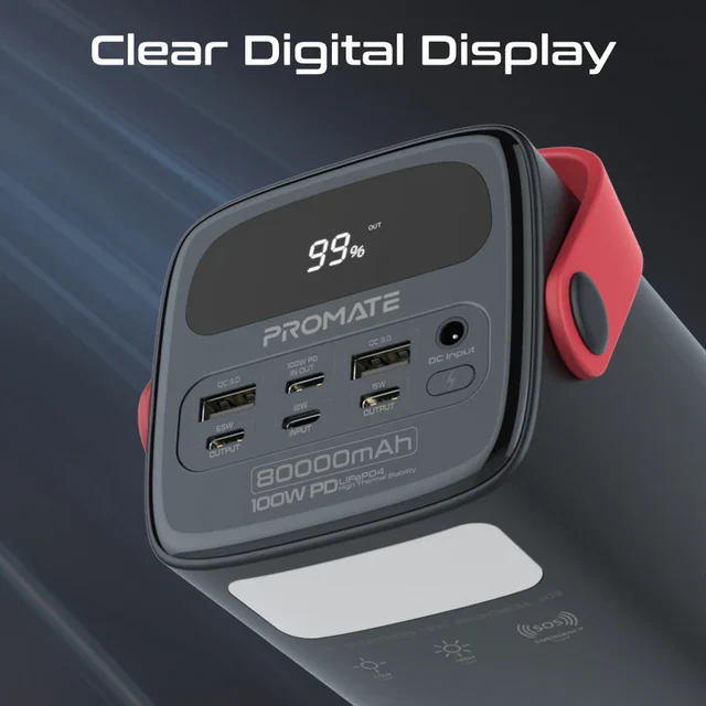 Promate 100W PD High-Capacity Quick Charge 3.0 Port Power Pack 80000mAh (Black)