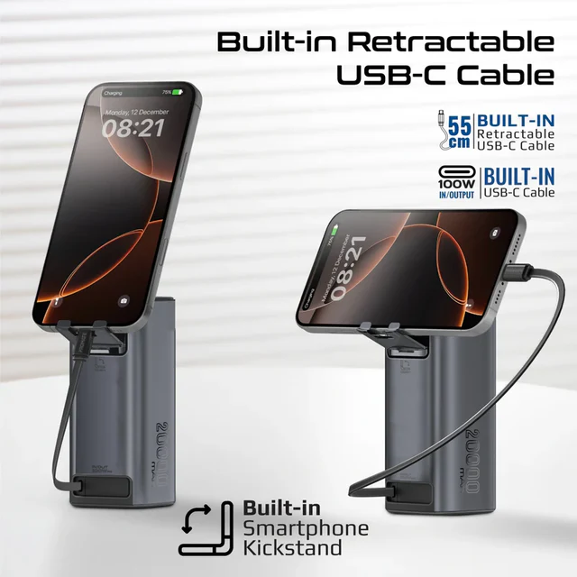 Promate Aluminum Crafted  With Retractable USB-C Cable 130W   & TFT LCD Screen Power Bank 20000mAh (Black)