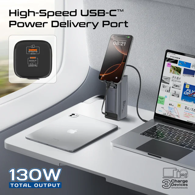 Promate Aluminum Crafted  With Retractable USB-C Cable 130W   & TFT LCD Screen Power Bank 20000mAh (Black)