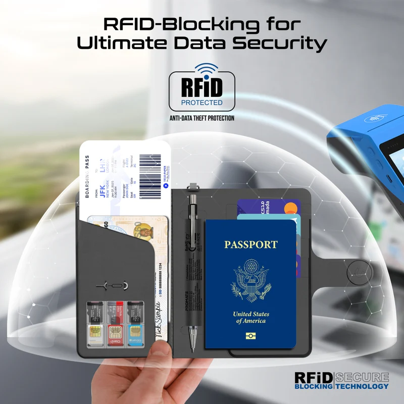 Promate Slim Leather Passport Holder with RFID Protection & Smart Tracking (Black)