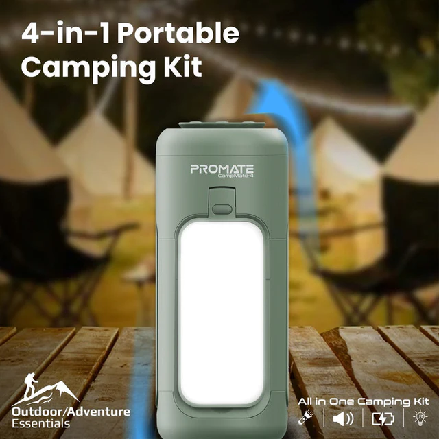 Promate 4-in-1 Multifunctional Camping Kit LED Light, 6000mAh Power Bank, and Bluetooth Speaker (Gray)