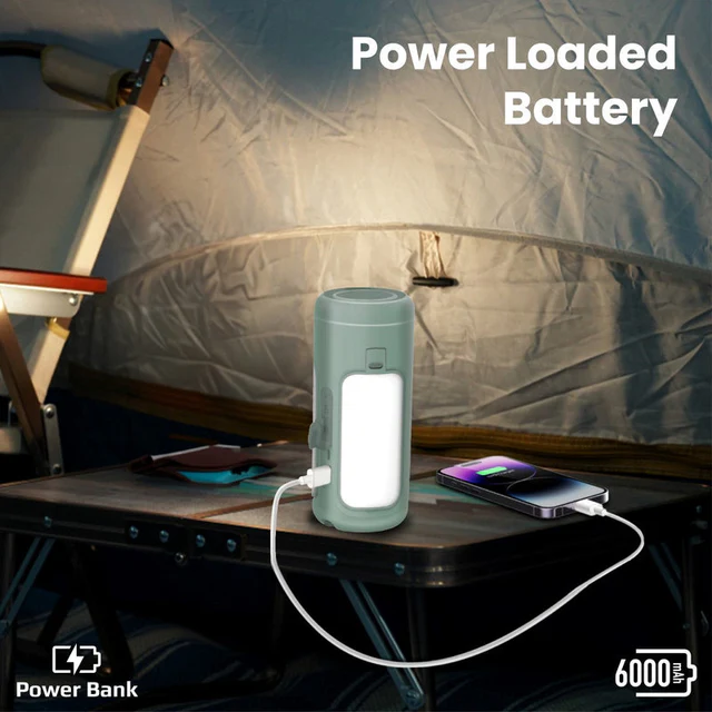 Promate 4-in-1 Multifunctional Camping Kit LED Light, 6000mAh Power Bank, and Bluetooth Speaker (Gray)