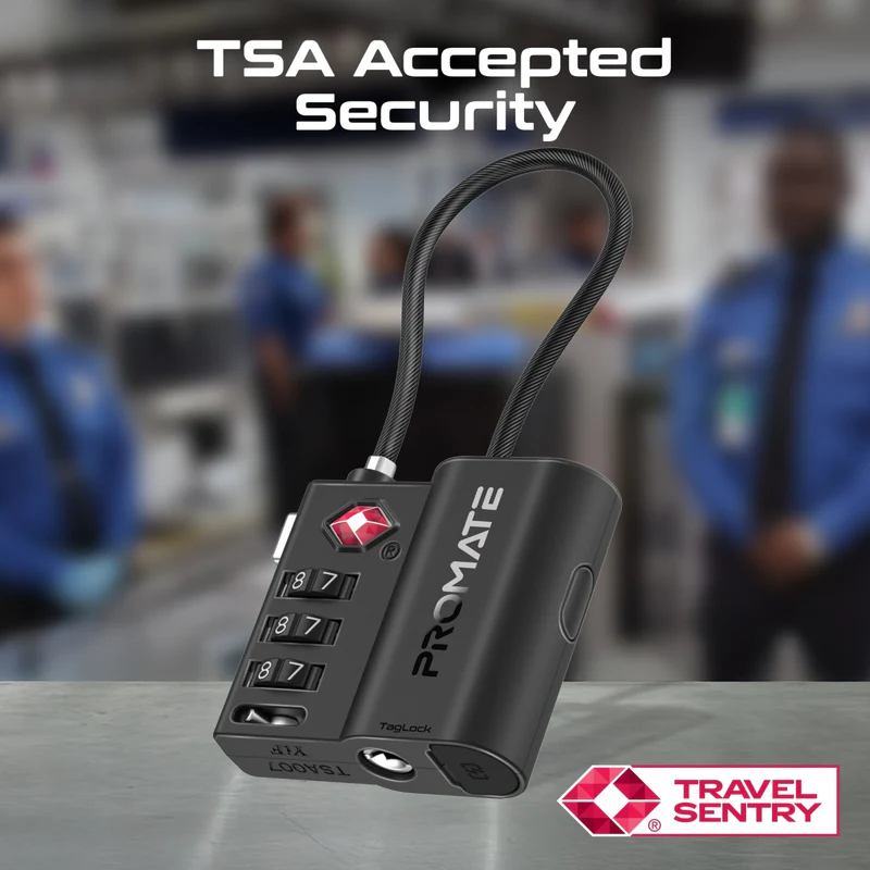 Promate Smart Lock Tracking TSA Approved works with Apple Find My (Black)