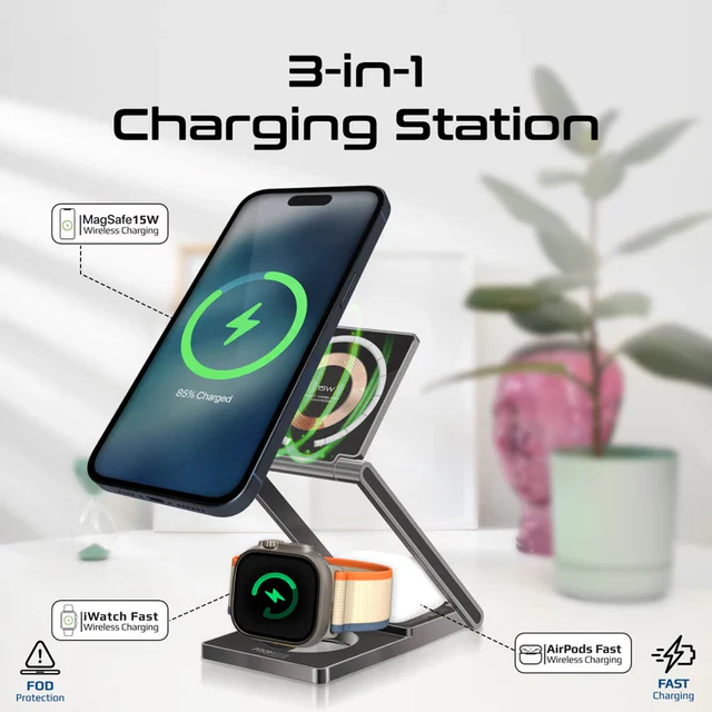 Promate 3 in 1 Ultra-Slim Transparent MagSafe Wireless Charging Foldable 15W (Black)