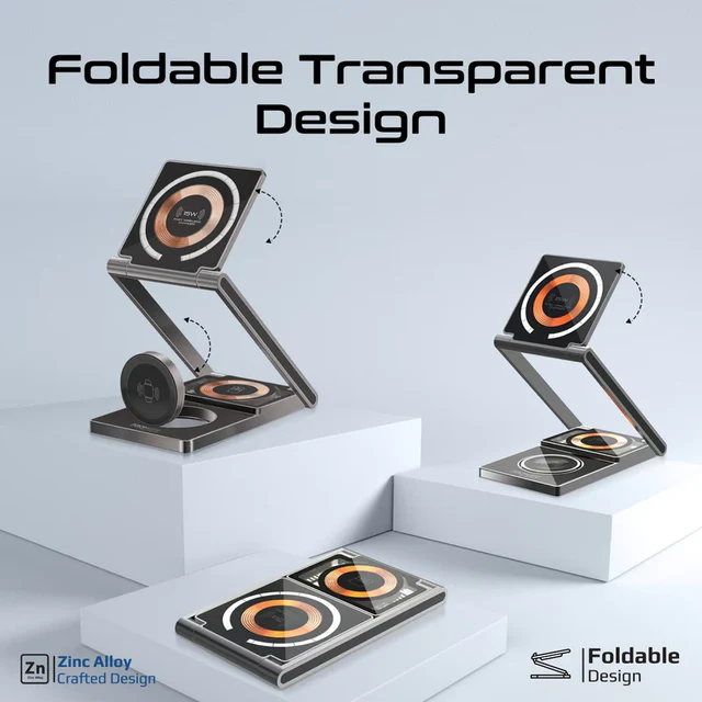 Promate 3 in 1 Ultra-Slim Transparent MagSafe Wireless Charging Foldable 15W (Black)