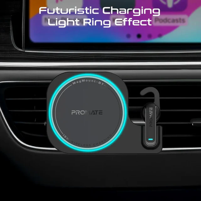 Promate 2-in-1 MagSafe Wireless Car Charger 15W Built-in Wireless Mono ENC Earphone (Black)