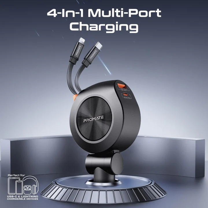 Promate Car Charger 88W Dual Retractable USB-C & Lightning Cables 80CM (Black)