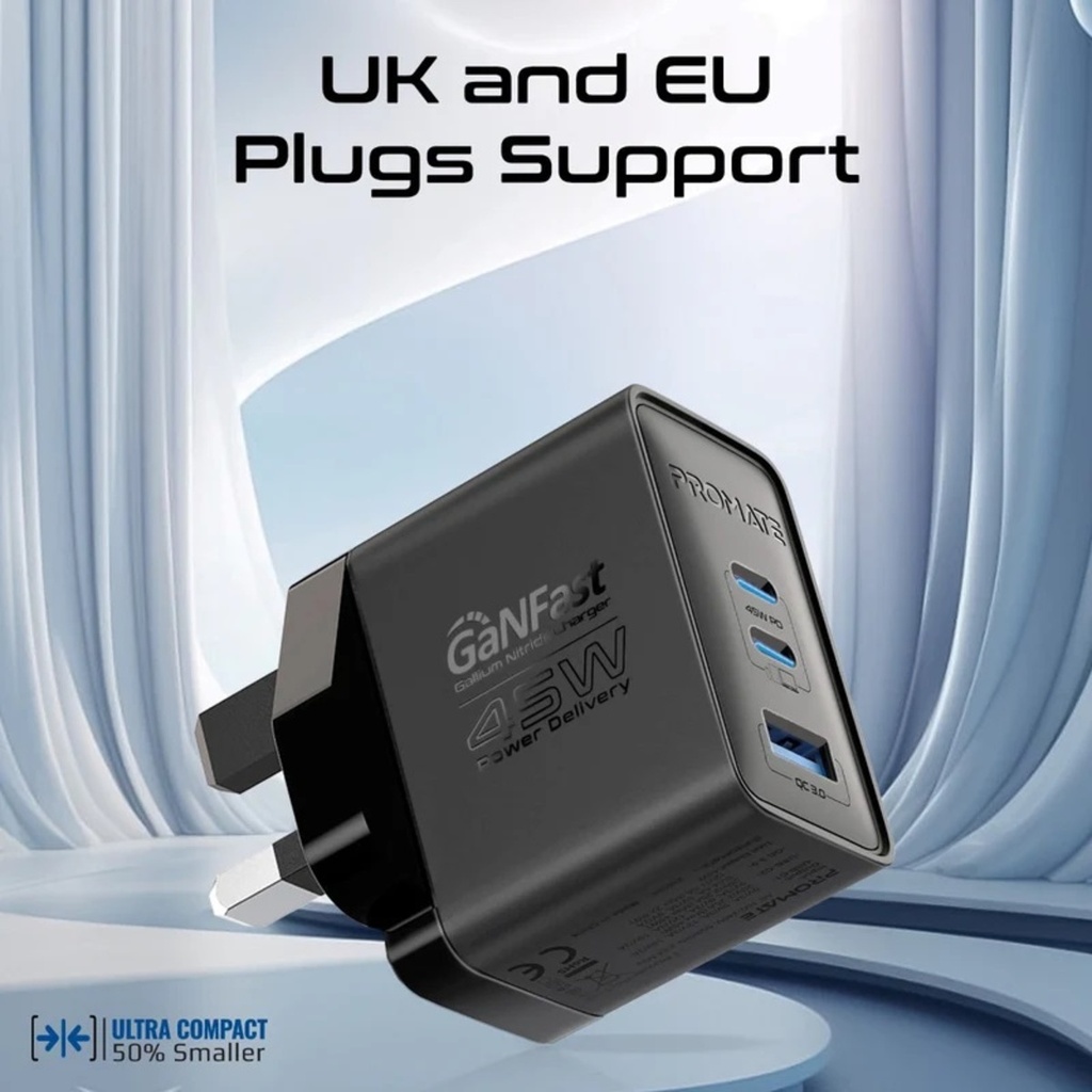 Promate Charging Adapter 45W PD GaNFast™ (Black)