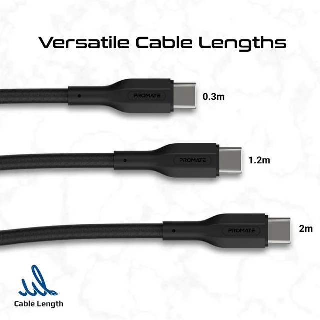 Promate Cable Kit 60W PD 3Pcs High Tensile Strength USB-C (Black)