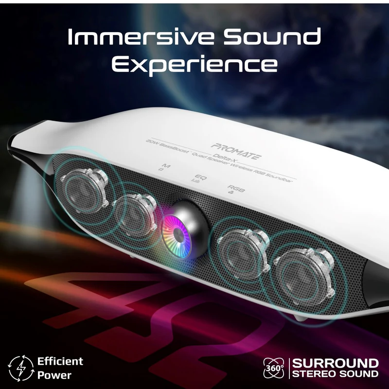 Promate 20W BassBoost™ Quad Speaker Wireless RGB Soundbar  • 30Hours Playback (White)