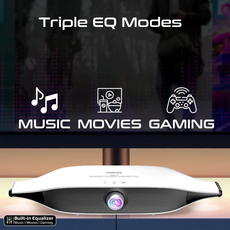 Promate 20W BassBoost™ Quad Speaker Wireless RGB Soundbar  • 30Hours Playback (White)