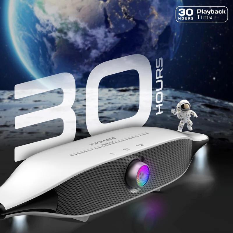 Promate 20W BassBoost™ Quad Speaker Wireless RGB Soundbar  • 30Hours Playback (White)