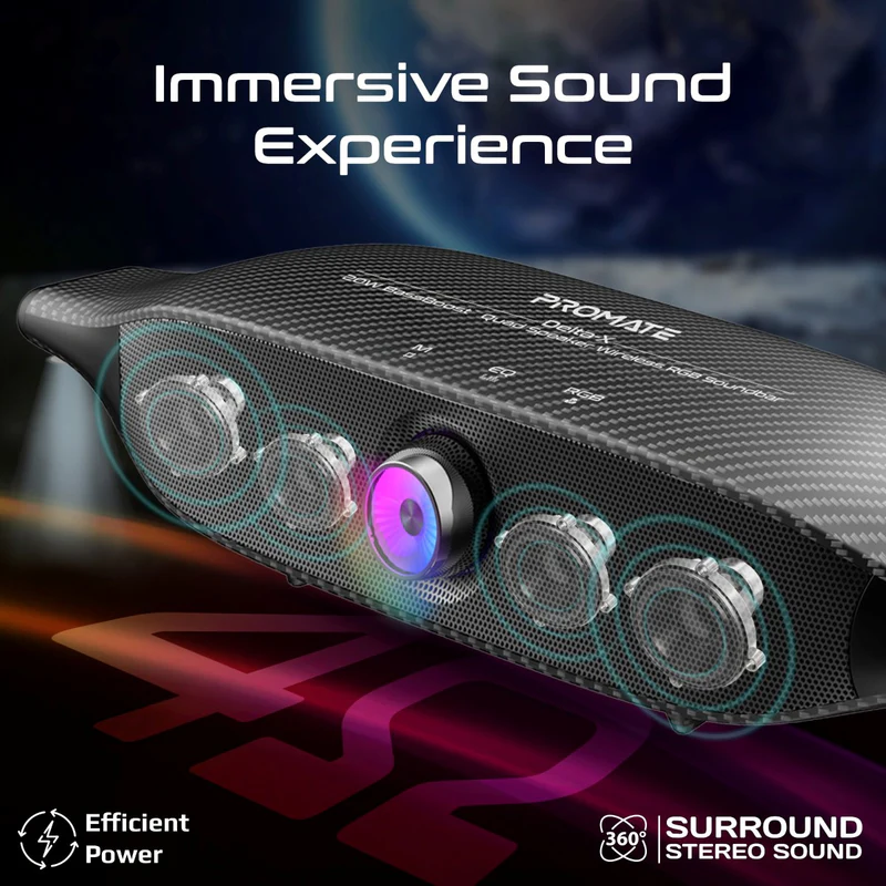 Promate 20W BassBoost™ Quad Speaker Wireless RGB Soundbar  • 30Hours Playback (Titanium)