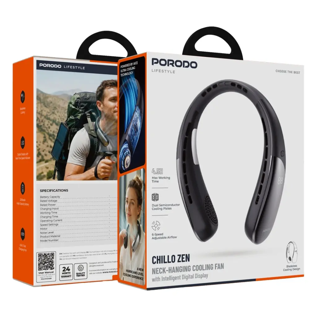Porodo Lifestyle Chillo Zen Neck-Hanging Cooling Fan with Intelligent Digital Display (Black)