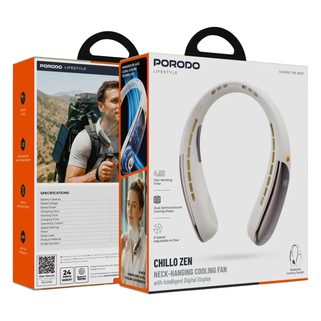 Porodo Lifestyle Chillo Zen Neck-Hanging Cooling Fan with Intelligent Digital Display (Beige)