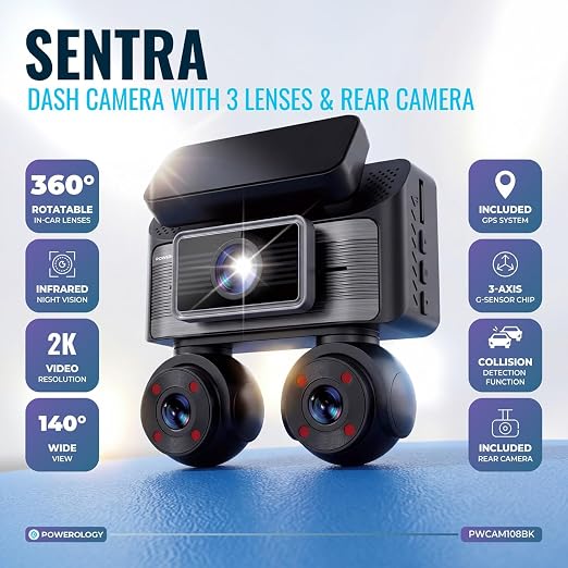 Powerology Sentra Dash Camera with 3 Lenses and Rear Camera (Black)