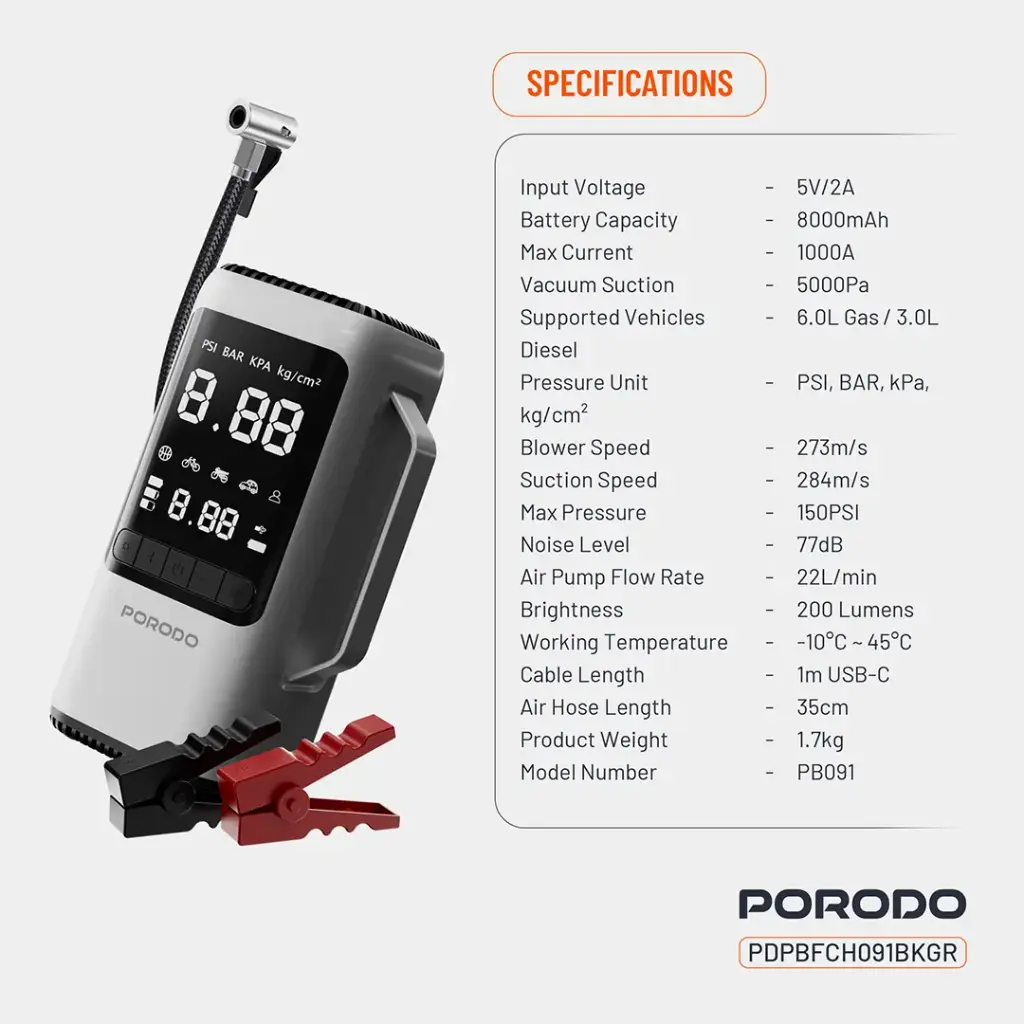 Porodo 6-IN-1 Multi Function Power Tool, Jump Starter | Air Compressor | Power Bank 8000mAh (Black/Gray)