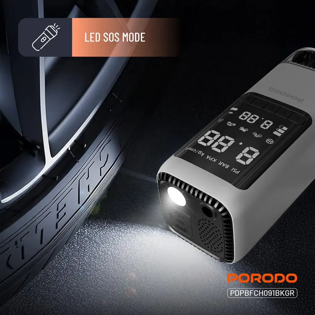 Porodo 6-IN-1 Multi Function Power Tool, Jump Starter | Air Compressor | Power Bank 8000mAh (Black/Gray)