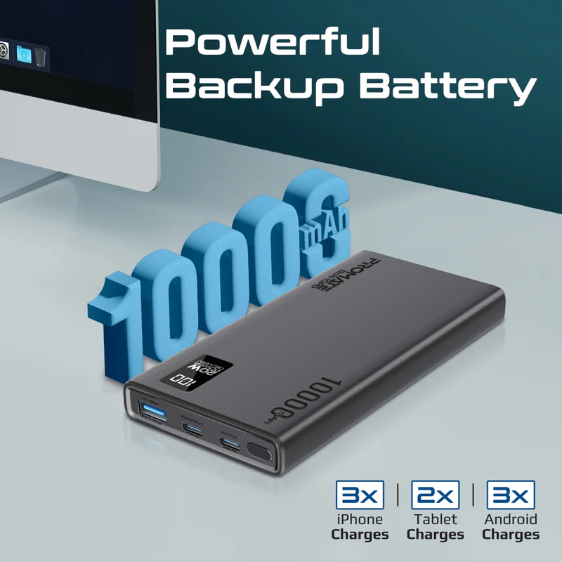 Promate 20W Power Bank PD Dual USB-C and 22.5W USB-A 10000mAh (Black)