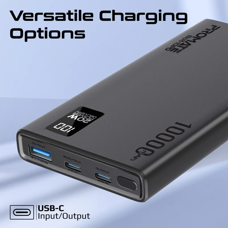 Promate 20W Power Bank PD Dual USB-C and 22.5W USB-A 10000mAh (Black)