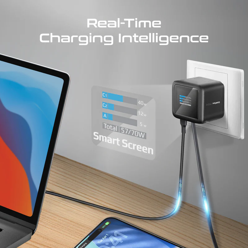 Promate 70W GaNFast™ Wall Charger w/ USB - C Cable (Black)