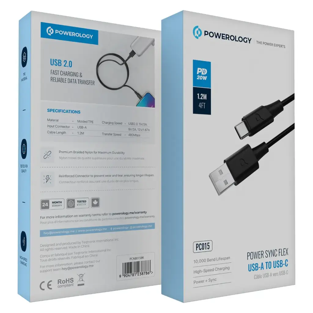 Powerology Power Sync Flex USB-A TO USB-C 2M  Cable PD 20W (Black)