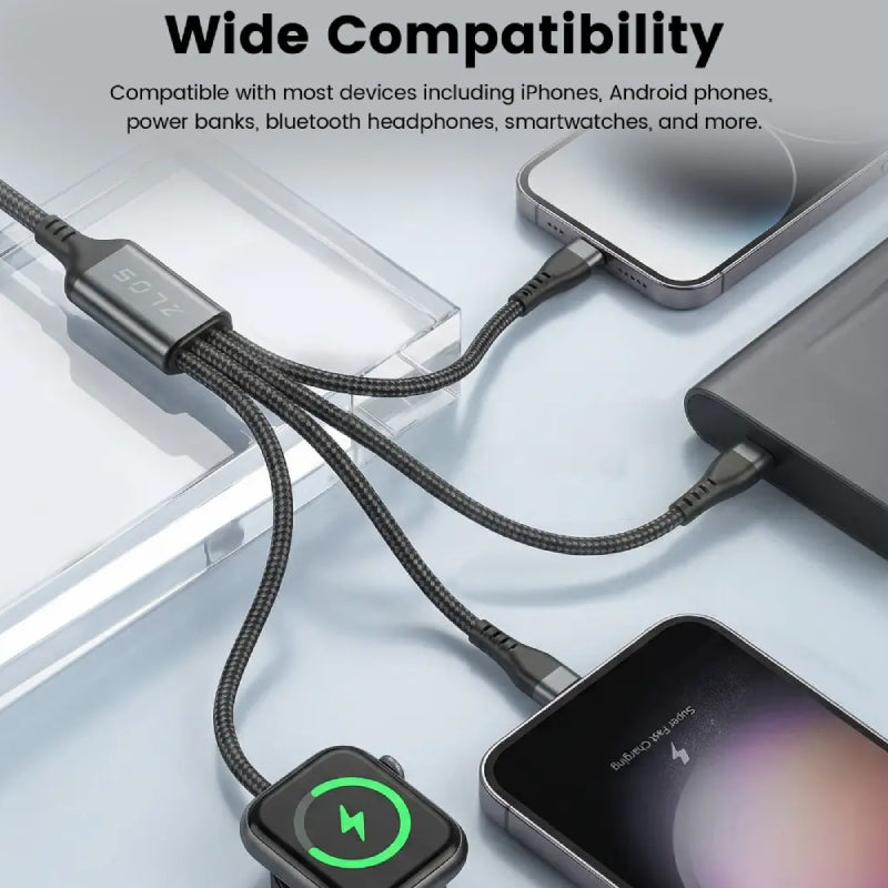 ZLOS  4-in-2 Braided Multi Charging Data Cable (C+A) to (C+L+Micro+Watch) 3M - 3