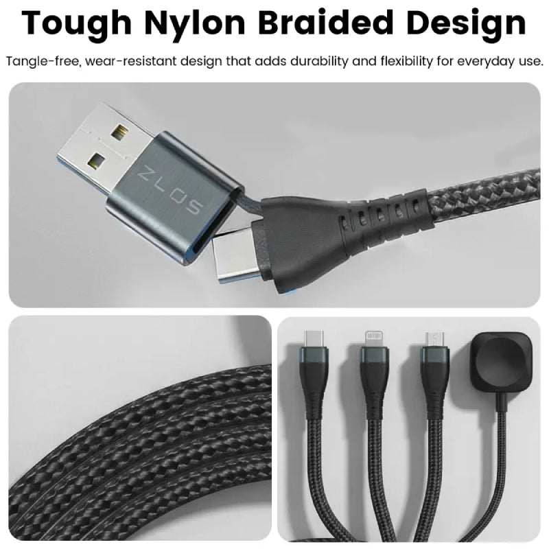 ZLOS  4-in-2 Braided Multi Charging Data Cable (C+A) to (C+L+Micro+Watch) 3M - 5