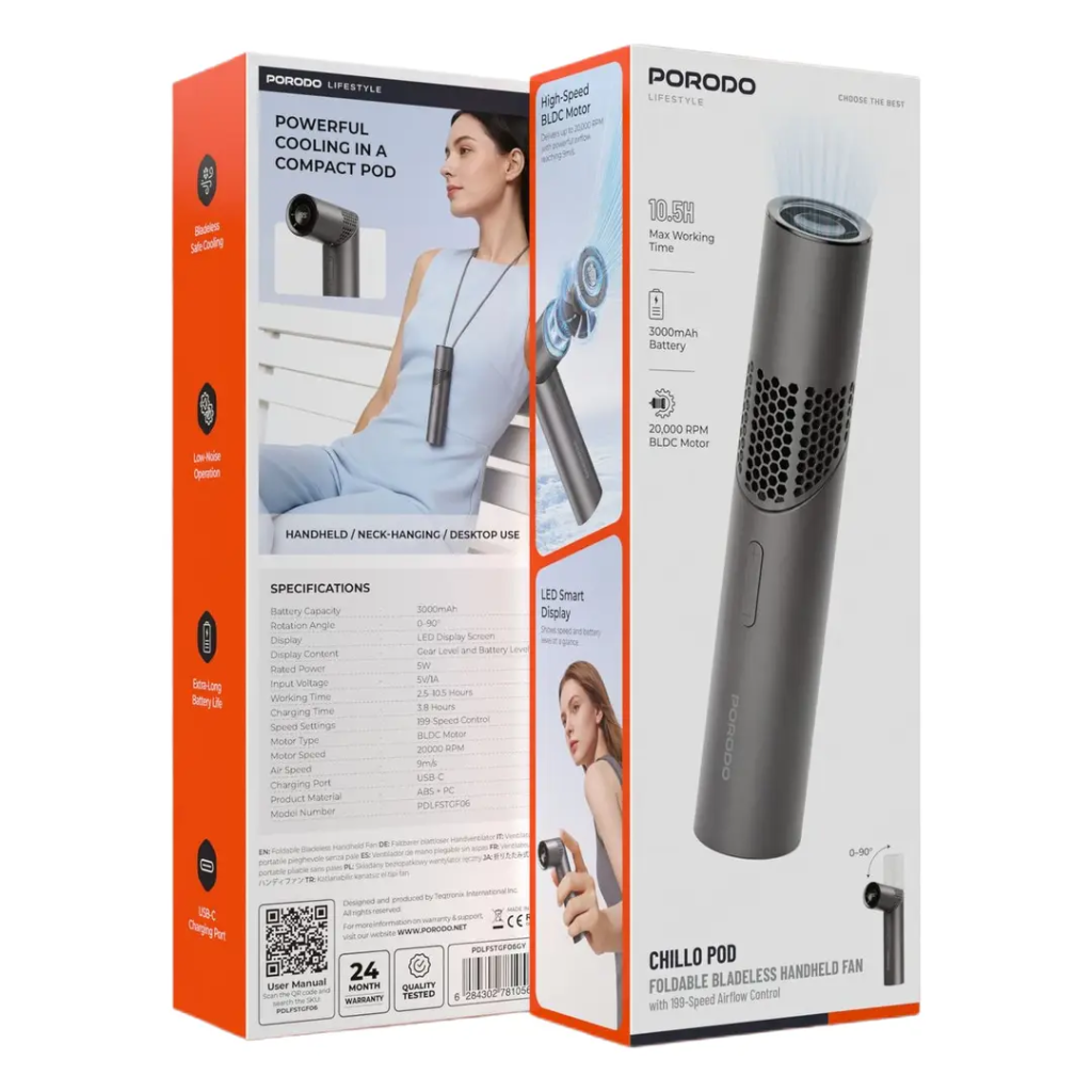 Porodo Lifestyle Chillo Pod Foldable Bladeless Handheld Fan (Gray)
