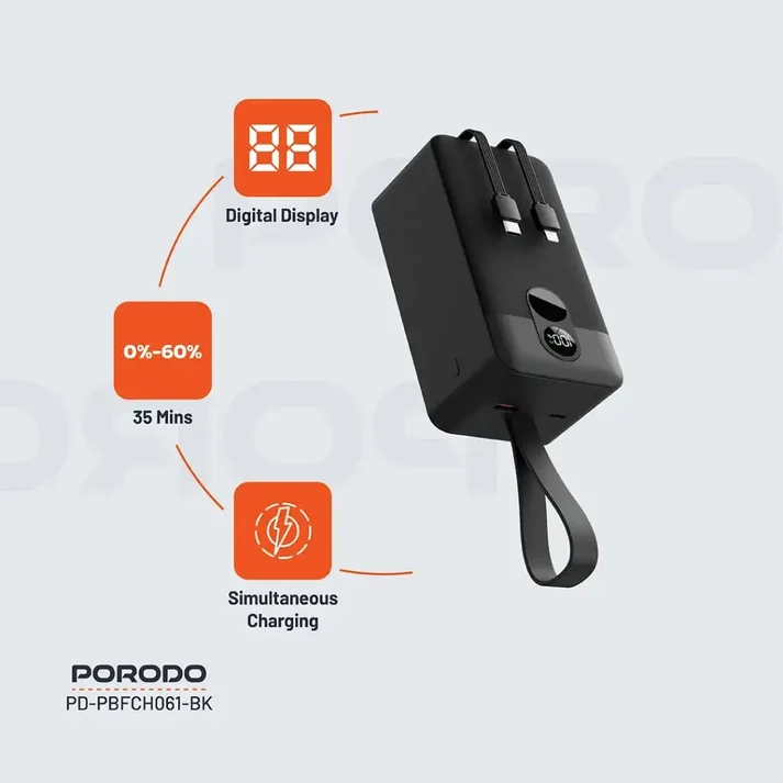 Porodo Power Bank 50000mAh with Integrated Cables (Black)