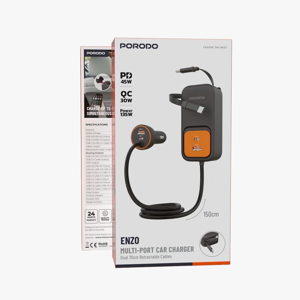 Porodo Enzo Multi-Port Car Charger Dual 70cm Retractable Cables (Black)