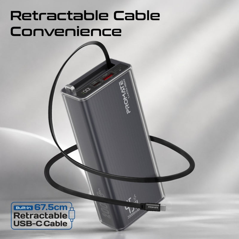 Promate Lucid Clear-Case Power Bank 45W PD w/ Retractable USB-C Cable 20000mAh (Black)