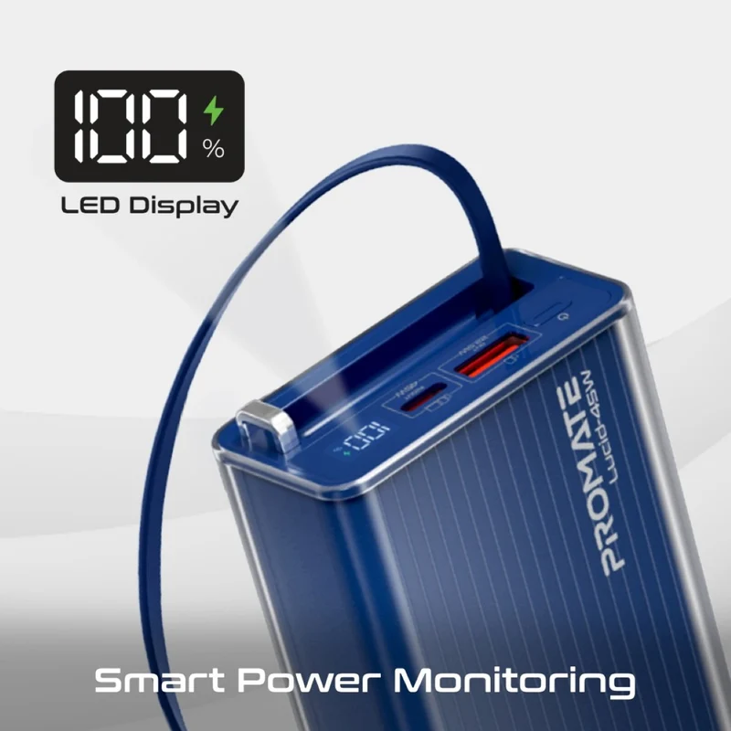 Promate Lucid Clear-Case Power Bank 45W PD w/ Retractable USB-C Cable 20000mAh (Blue)