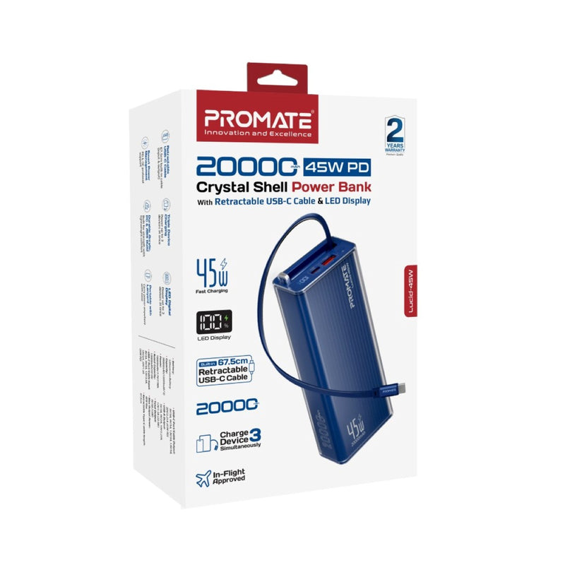 Promate Lucid Clear-Case Power Bank 45W PD w/ Retractable USB-C Cable 20000mAh (Blue)