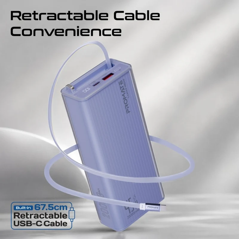 Promate Lucid Clear-Case Power Bank 45W PD w/ Retractable USB-C Cable 20000mAh (Purple)